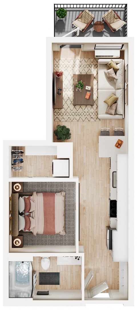a floor plan of a studio apartment with a balcony